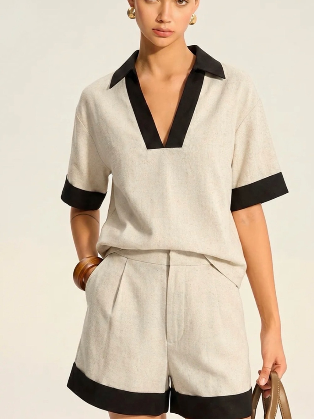 Commense Cream Short Sleeve Top with Black Trim size Large